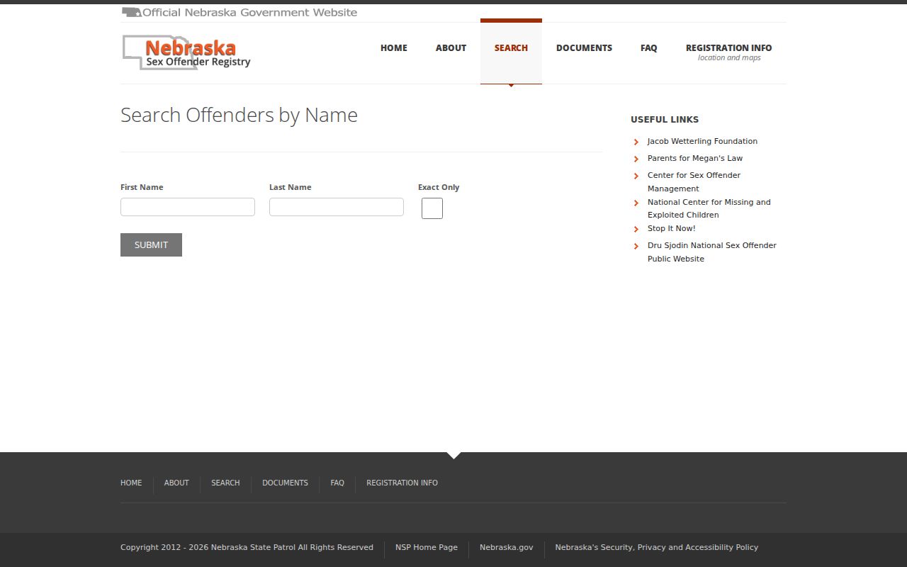 Name fields for a Colfax County sex offender registry search