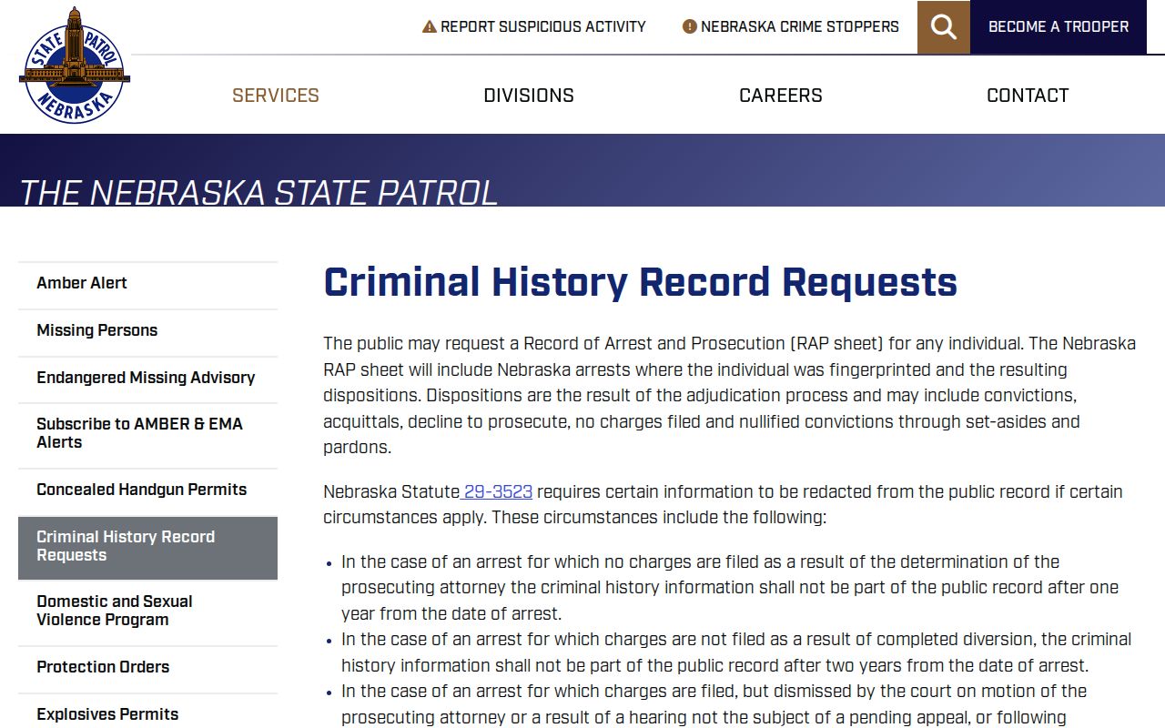 Nebraska State Patrol Colfax County criminal history request instructions